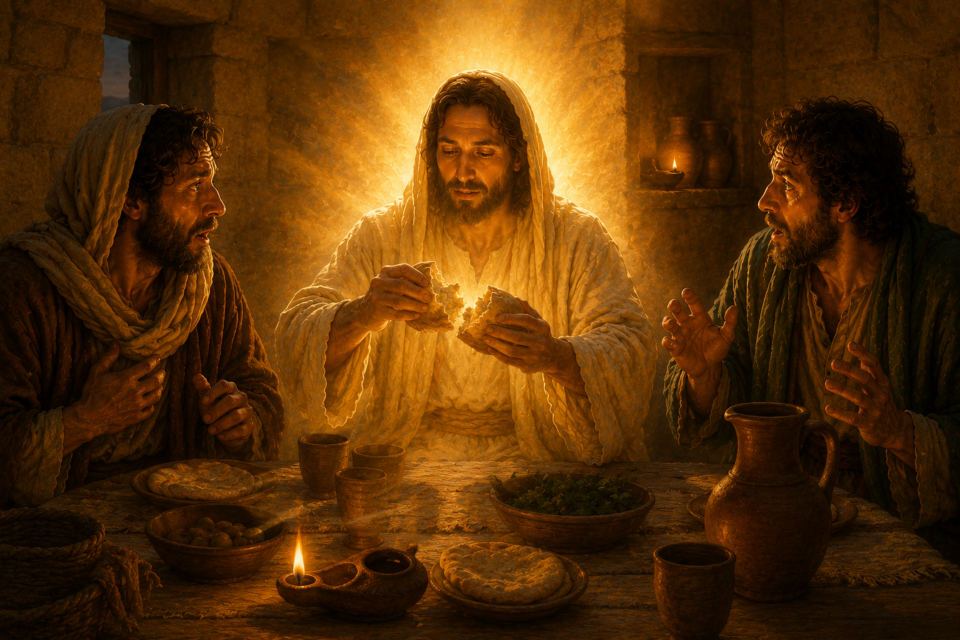 The risen Jesus breaking bread with two friends at Emmaus